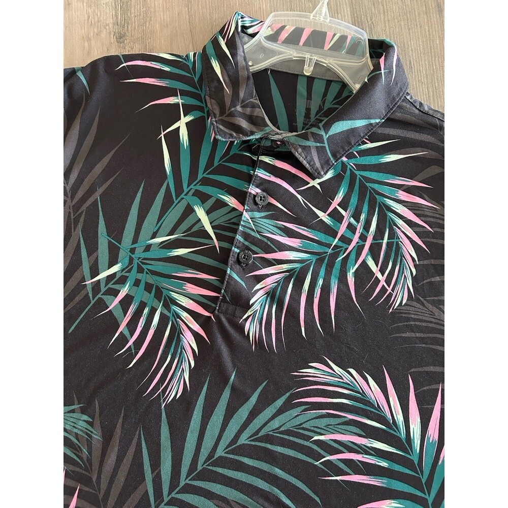 Puma Golf Polo Shirt Mens Large Black Tropical Palm Print Short Sleeve Top